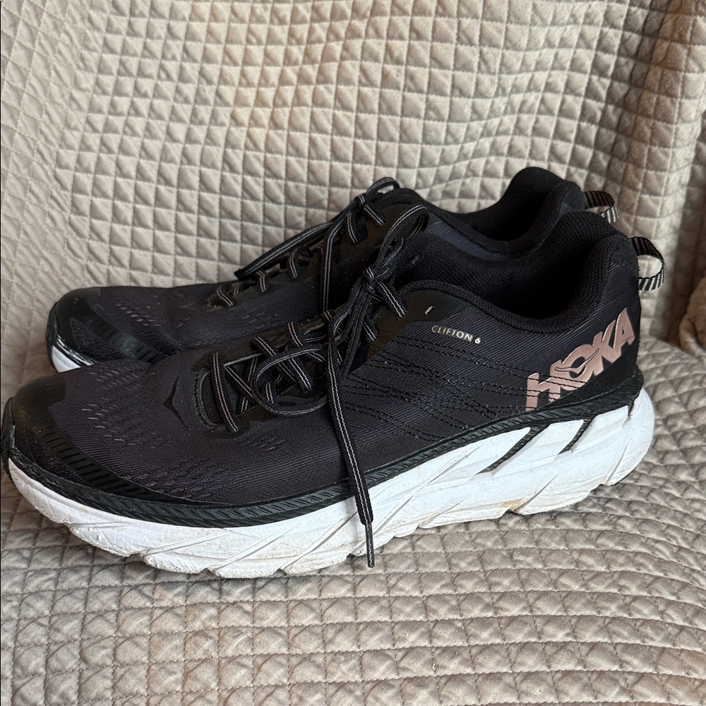 Hoka Black and White Clifton Sneakers
